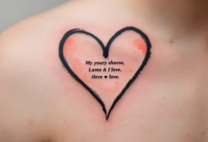 A black heart outline with the names written inside, surrounded by a faded watercolor gradient of soft peach and red tones. tattoo idea