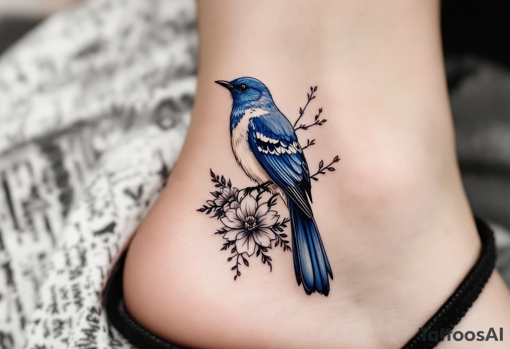 Blue bird with thick floral at the bottom tattoo idea