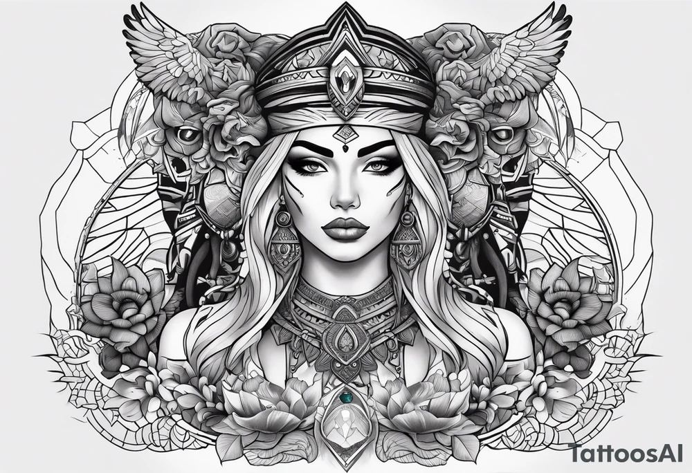 kali ma, alien goddess, valkrye, aries, pirate, divine feminine, zenza resonance, pachamama, lotus azul, blank panther, eagle, skull, 5D, nueva gaya, dna 12 tattoo idea