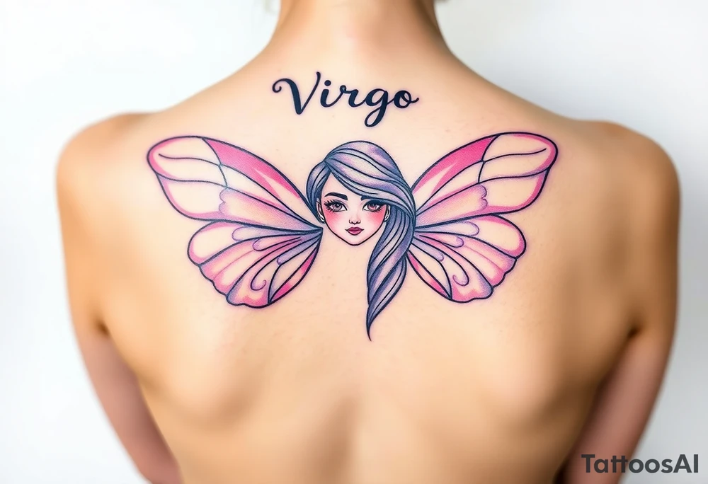 A dreamy portrait of a woman with delicate butterfly wings, in soft lavender, pink, and pearl white hue with the word Virgo above her head tattoo idea