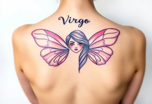 A dreamy portrait of a woman with delicate butterfly wings, in soft lavender, pink, and pearl white hue with the word Virgo above her head tattoo idea