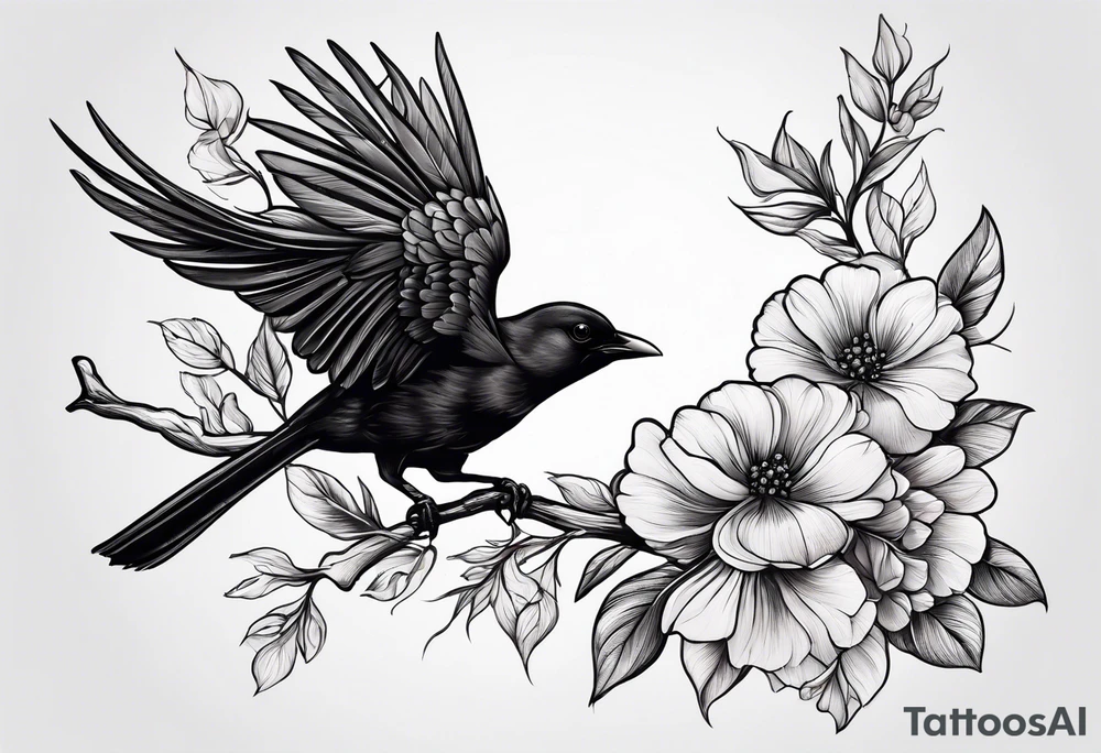 Black bird about to fly on a branch with flowers tattoo idea