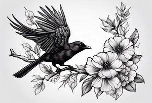 Black bird about to fly on a branch with flowers tattoo idea