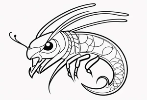 Outline tattoo showing a side view of Scorpion with tail curving overhead drawn in Powerpuff girl style with body segments, head and claws made of hearts tattoo idea