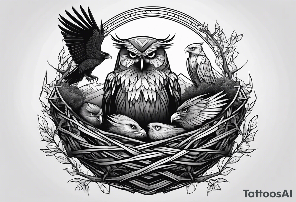 Owl, raven, eagle cuddled in a nest, birdseye view tattoo idea