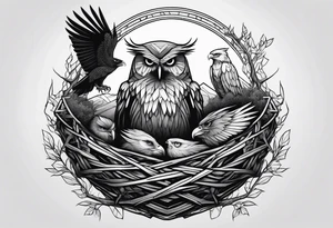 Owl, raven, eagle cuddled in a nest, birdseye view tattoo idea