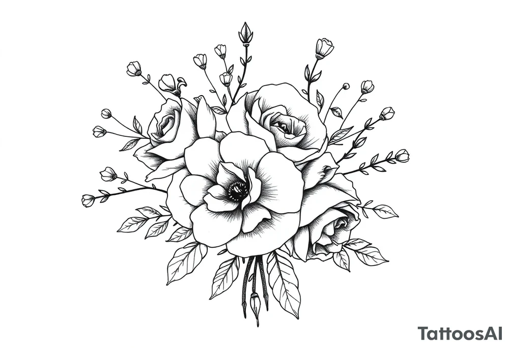 vintage bouquet of wild roses and meadow flowers with morning dew tattoo idea