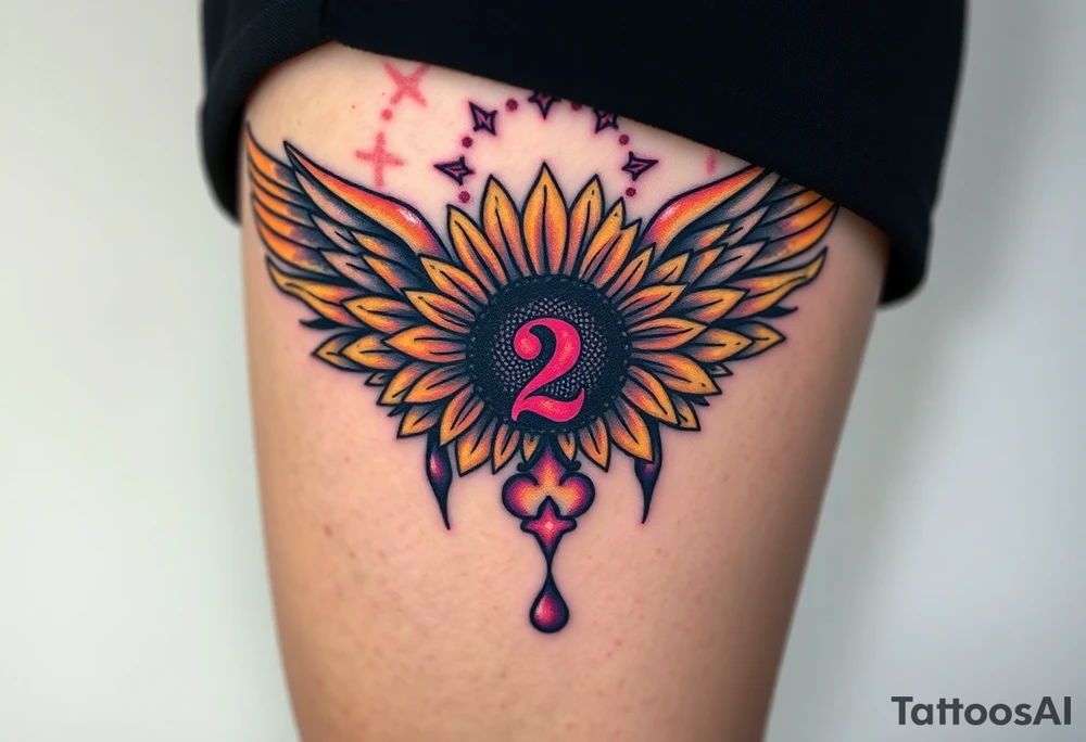 sunflower, wings, or halo with a 2 of clubs tattoo idea