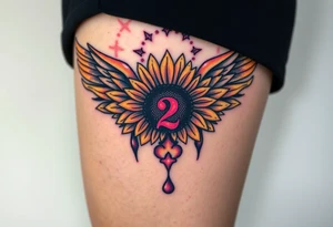 sunflower, wings, or halo with a 2 of clubs tattoo idea