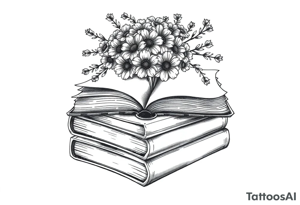 stack of 3 vintage books top book open with bouquet of wild
flowers coming out of it tattoo idea