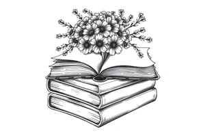 stack of 3 vintage books top book open with bouquet of wild 
flowers coming out of it tattoo idea