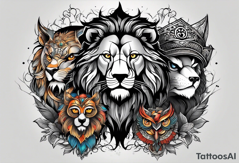 A lion, a Wolf and an owl in black, the background in color. tattoo idea