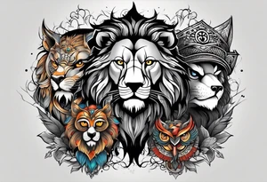 A lion, a Wolf and an owl in black, the background in color. tattoo idea