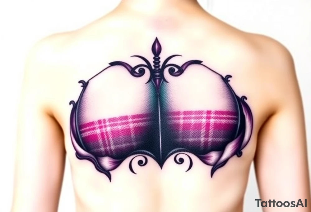 Breasts

Dark Purple with green pink blue and white highlights tartan fabric with skin around edges peeling and wrapping around side of shoulder tattoo idea