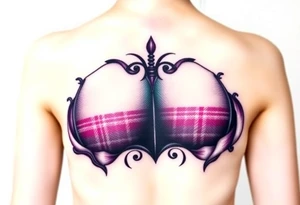 Breasts

Dark Purple with green pink blue and white highlights tartan fabric with skin around edges peeling and wrapping around side of shoulder tattoo idea