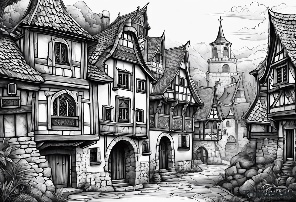 medieval tribal city vignette tattoo idea