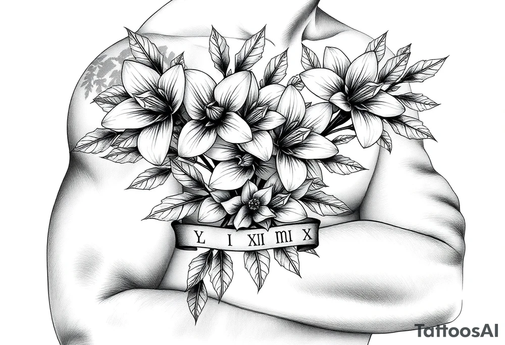 narcissus flowers and holly with 2 bands with roman numerals around them tattoo idea