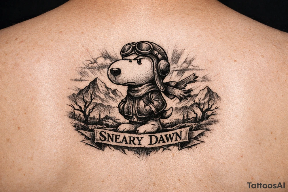 Small snoopy with saying Sneary Dawn tattoo idea