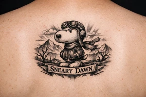 Small snoopy with saying Sneary Dawn tattoo idea