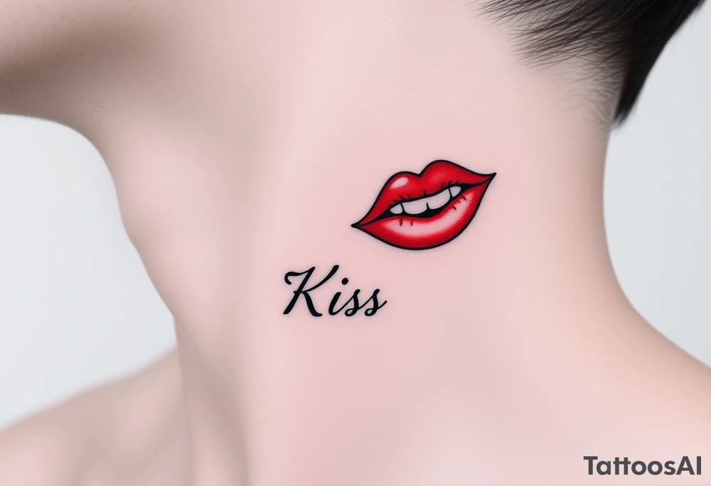 Neck tattoo of lips on the right side, puckered or slightly parted, with the word "Kiss" in a cursive or sleek font below or beside it. with red or black ink for a bold, elegant look. tattoo idea