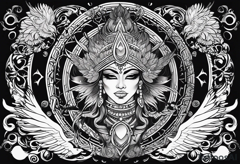 black kali, goddess pirate, alien, angel, pachamama, valkrye, warrior, flying, skull, lotus azul, wing, eagle, zenza resonance, stars, 5D, anahata chakra, death, durga, riding on a tiger, flying lady, kundalini, chest tatoo, rebel tattoo idea