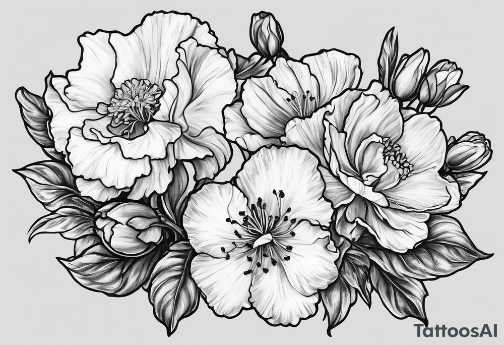 Two carnations, Two daffodils, One snowdrop, One hawthorn flower, Two honeysuckle blooms, tattoo idea