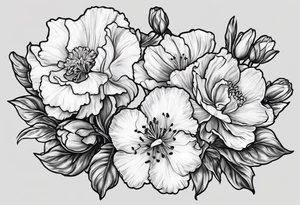 Two carnations, Two daffodils, One snowdrop, One hawthorn flower, Two honeysuckle blooms, tattoo idea