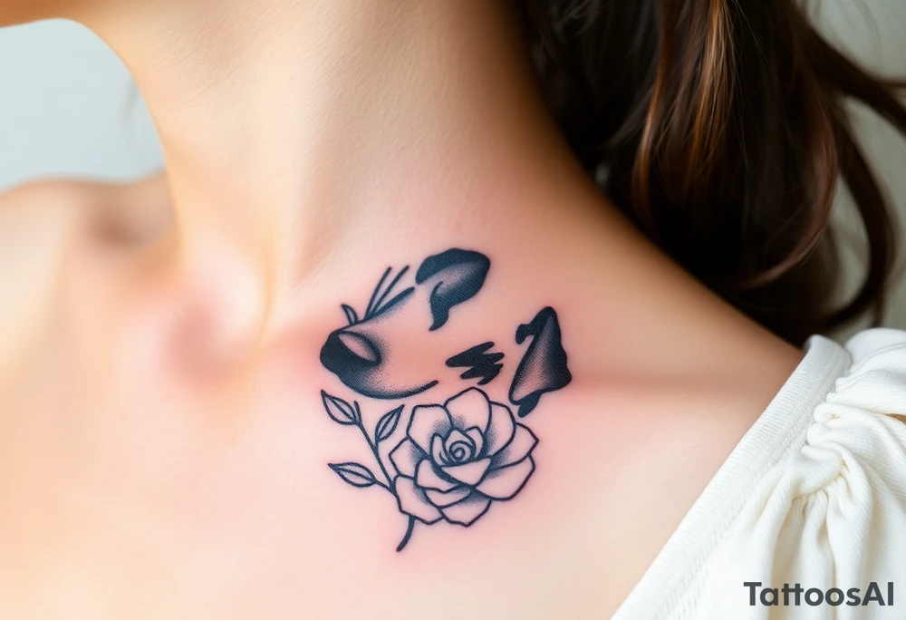 Cute female  large hound dog mix Brindle dog with the name kiwi . And a tiny rose around her . With her ears pointy a little big tattoo idea