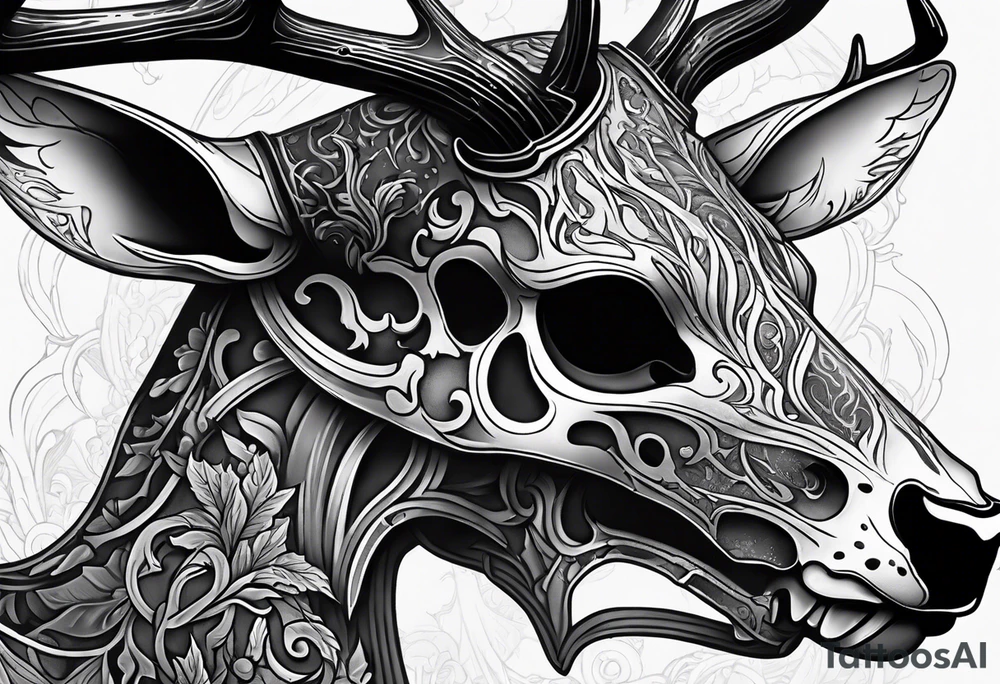 A side view of a decayed deer skull with no skin JUST BONE surrounded by fire in background tattoo idea