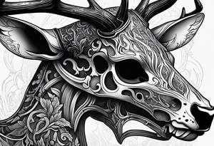 A side view of a decayed deer skull with no skin JUST BONE surrounded by fire in background tattoo idea