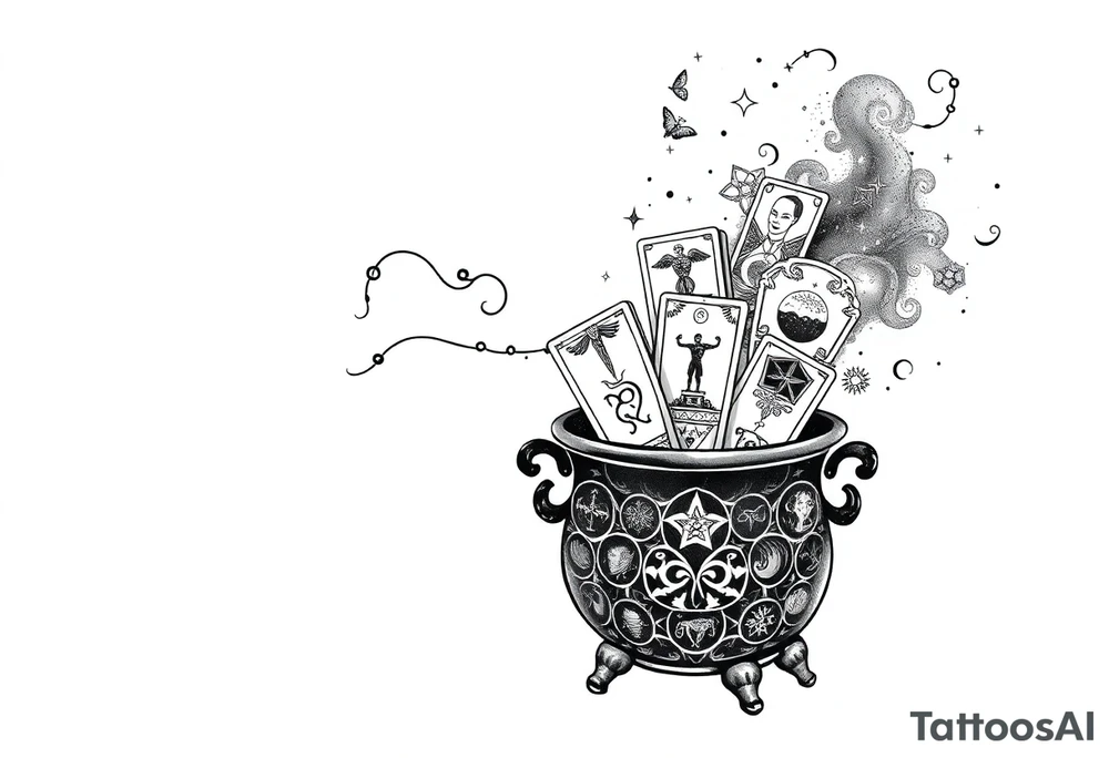 Milky way galaxy filled with zodiac symbols runes tarot cards coming out of a cauldron tattoo idea