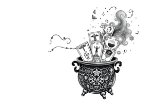 Milky way galaxy filled with zodiac symbols runes tarot cards coming out of a cauldron tattoo idea