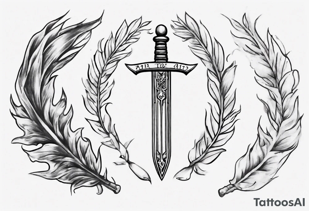Memorial tattoo using all of the following details - the number 13, a sword, a laurel leaf wreath, and amor fati. tattoo idea