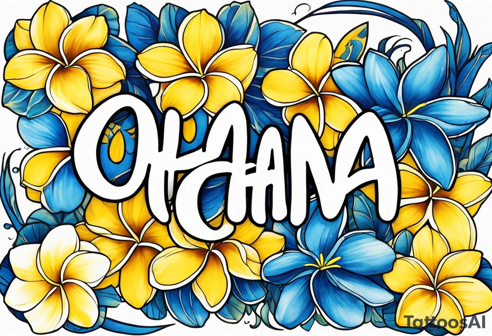 The word ohana surrounded by 
two blue plumerias, two yellow plumerias tattoo idea