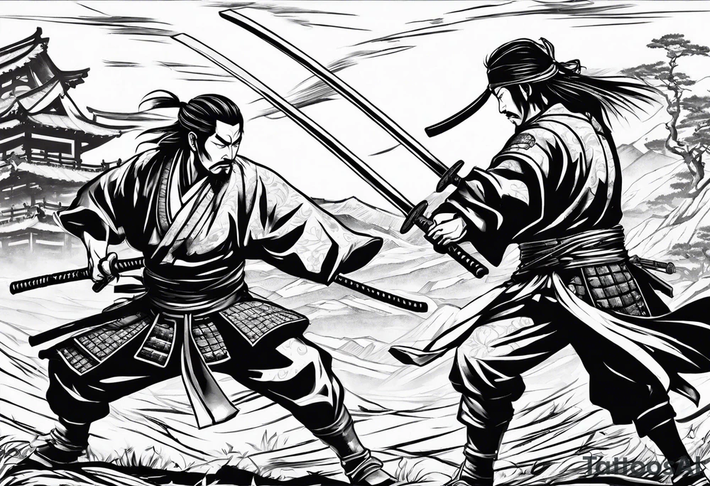 Musashi Miyamoto defeating an enemy samurai in a 1 on 1 duel on a battlefield tattoo idea