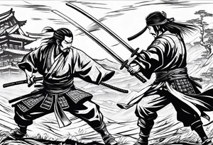 Musashi Miyamoto defeating an enemy samurai in a 1 on 1 duel on a battlefield tattoo idea