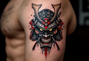 A traditional black and grey samurai mask (menpo) with red accents and fierce golden eyes. tattoo idea