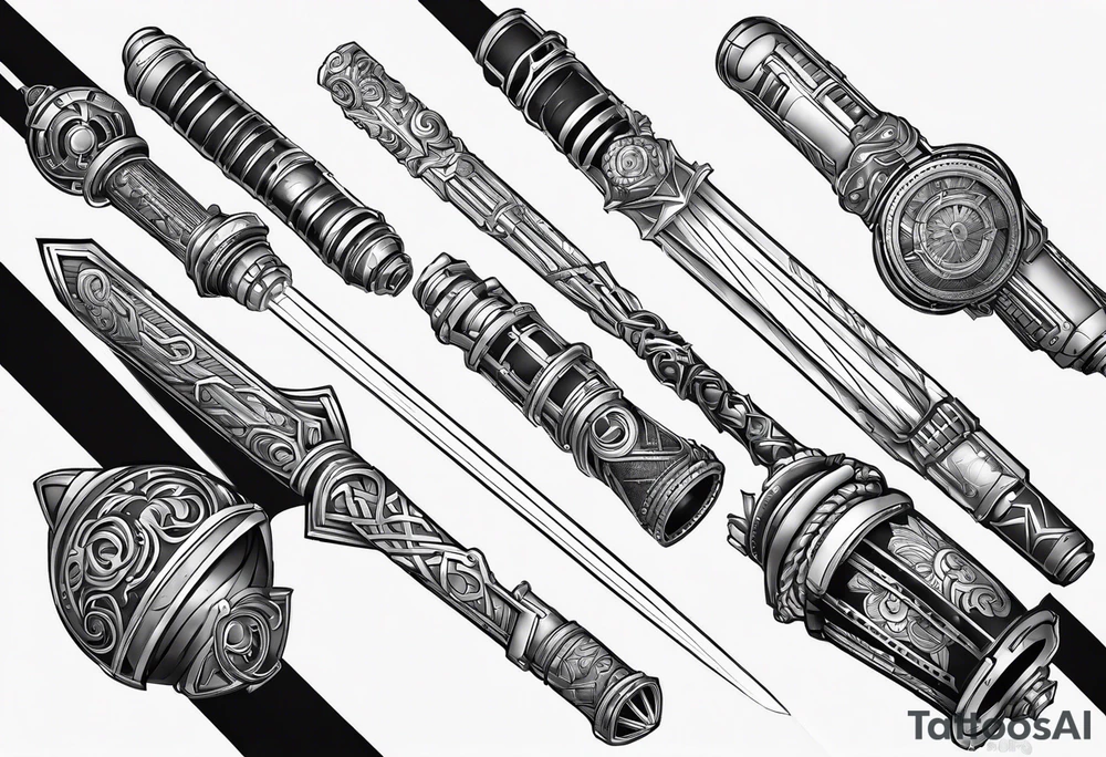 futuristic light saber hilts crossing tattoo idea