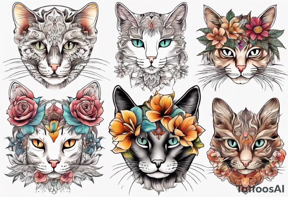 Cat colored flowers Mandala tattoo idea