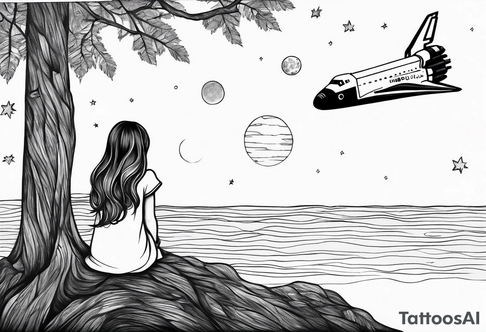 back of small girl in dress with long hair sitting on a tree branch watching a space shuttle launch in the distance tattoo idea