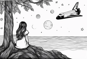back of small girl in dress with long hair sitting on a tree branch watching a space shuttle launch in the distance tattoo idea