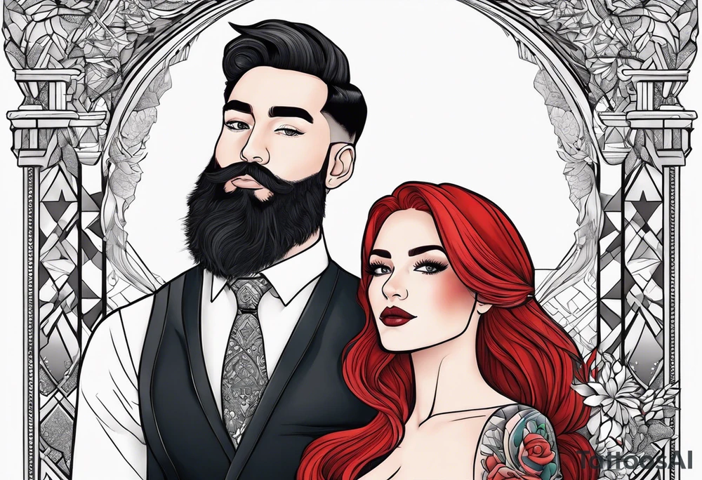 Busty red haired woman with a bearded man who has black hair getting married tattoo idea