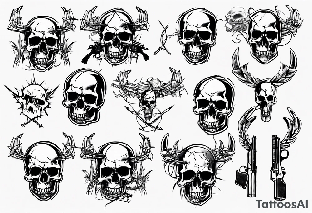 Skulls, barbed wire, guns tattoo idea