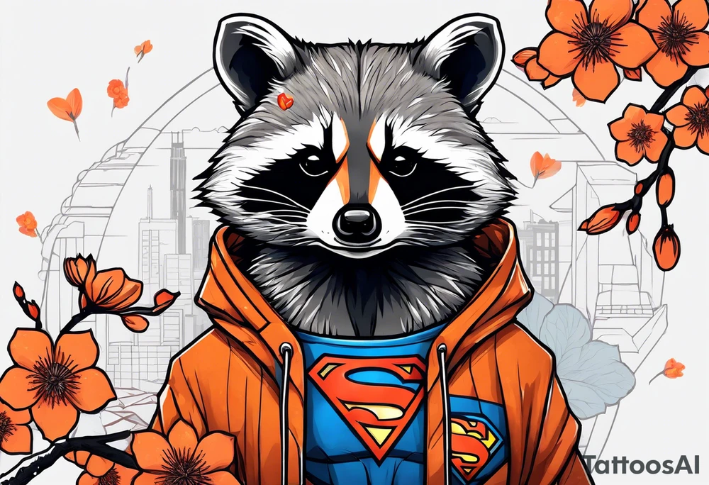 raccoon wearing a Superman hoodie with orange Japanese cherry blossoms tattoo idea