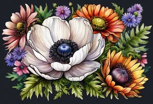 one white anemone with black center in the middle of equal sized mixed colorful wildflowers all with different shapes including thistles, ferns, ranuculus, and sun flowers all in watercolor tattoo idea