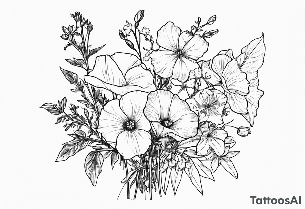 a flower bouquet including sweet pea, larkspur, morning glory and cosmos tattoo idea