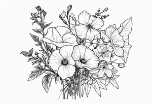 a flower bouquet including sweet pea, larkspur, morning glory and cosmos tattoo idea
