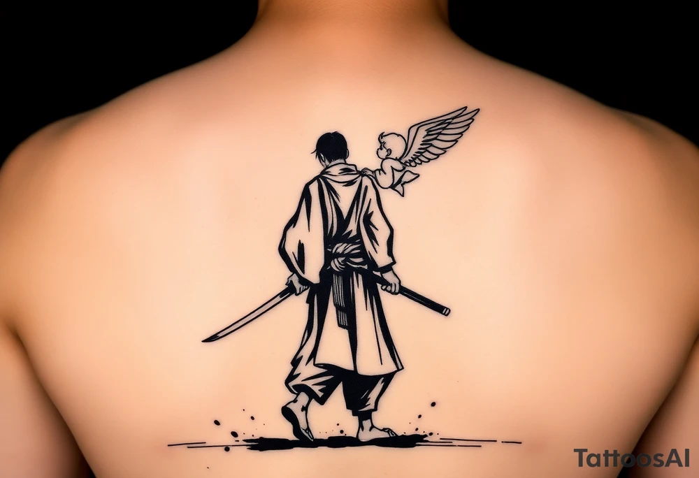 "Blackwork tattoo sketch of a lone samurai walking forward, shown in dramatic silhouette style. The samurai wears traditional kimono and hakama, holding a katana in one hand with the blade pointing downward. Behind him floats a small child angel with detailed feathered wings, gently touching the samurai’s back with one hand, as if stopping or guiding him. Strong contrast, dynamic ink splatter, rough brush strokes, Japanese sumi-e vibe, emotional and symbolic composition, high detail linework, no background." tattoo idea