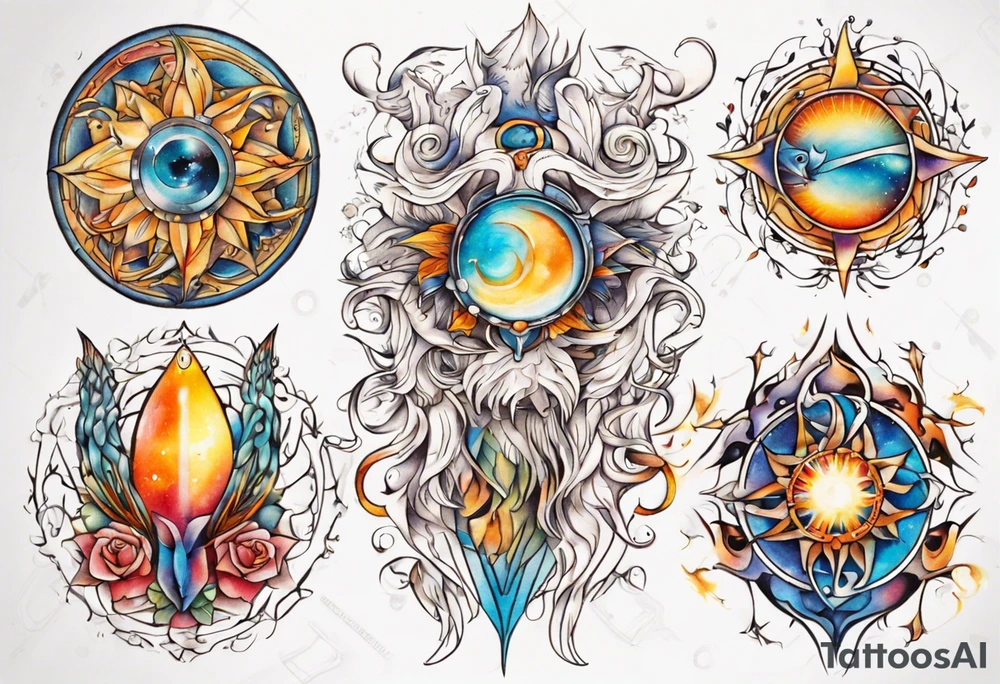fisch, fuchs und eule , symetrie  sonne, universum, bunt, " sapere aude" tattoo idea
