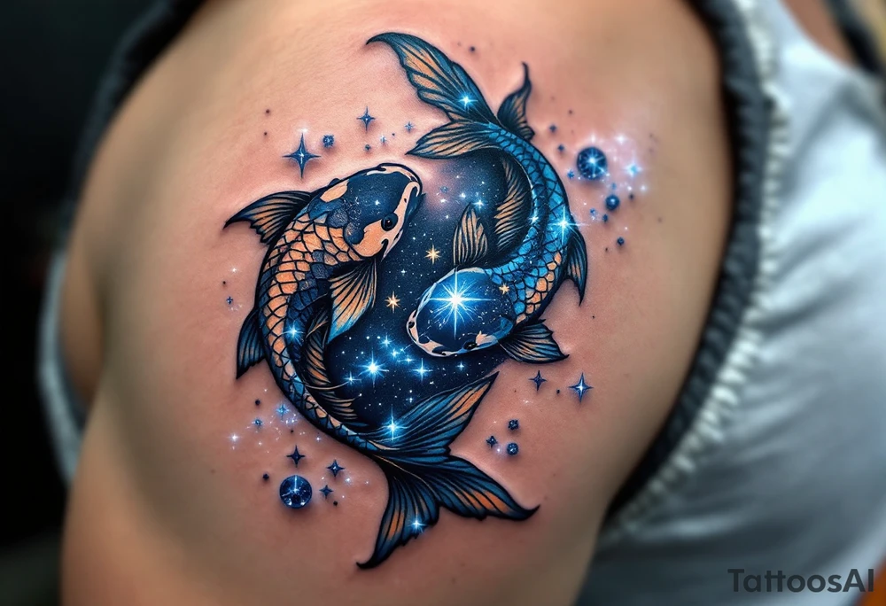 Twin koi fish swim around a sparkling navy Pisces constellation, merging the symbol and stars in harmony. tattoo idea